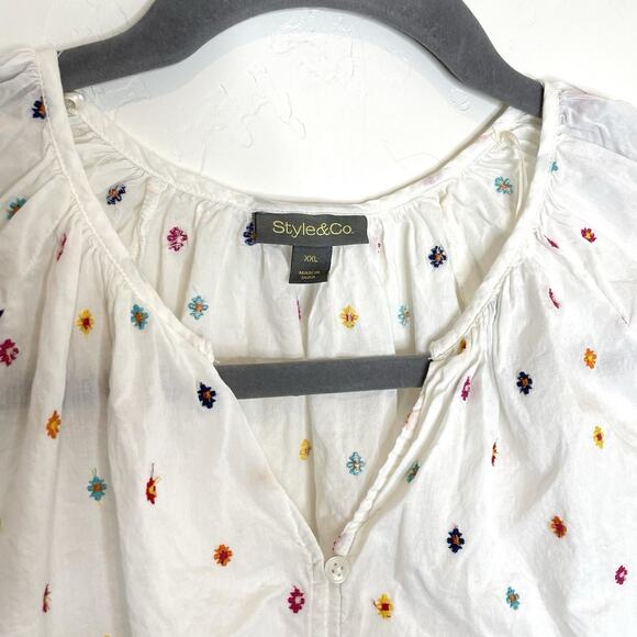 Style & Co Womens Plus Boho Peasant Top XXL White Floral Embroidered - Picture 4 of 6